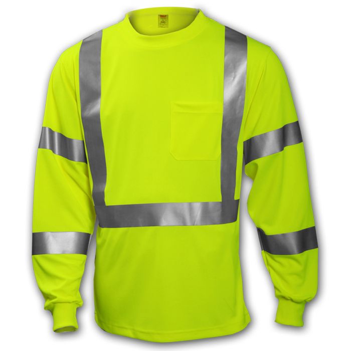 Class 3 T-Shirt Fluorescent Yellow-Green Long Sleeve 1 Pocket Silver Reflective Tape