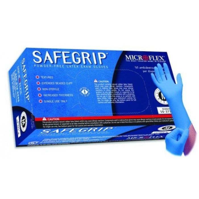 Ansell MicroFlex SafeGrip SG-375 Disposable Latex Glove, Blue, 50 Gloves per Box, Case of 10 Boxes