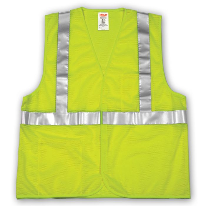 Class 2 Vest Fluorescent Yellow-Green Polyester Mesh Hook & Loop Closure 2 Interior Pockets Silver Reflective Tape
