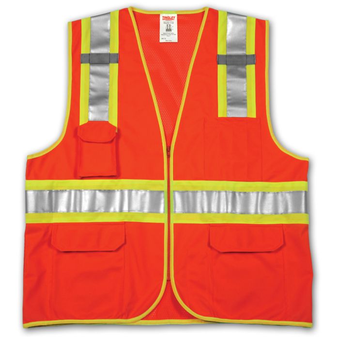 Class 2 Surveyor Style Vest Fluorescent Orange-Red Polyester Solid Front, Mesh Back Zipper Closure 2 Mic Tabs 5 Exterior Pockets 3 Interior Pockets Two-Tone Silver Reflective Tape